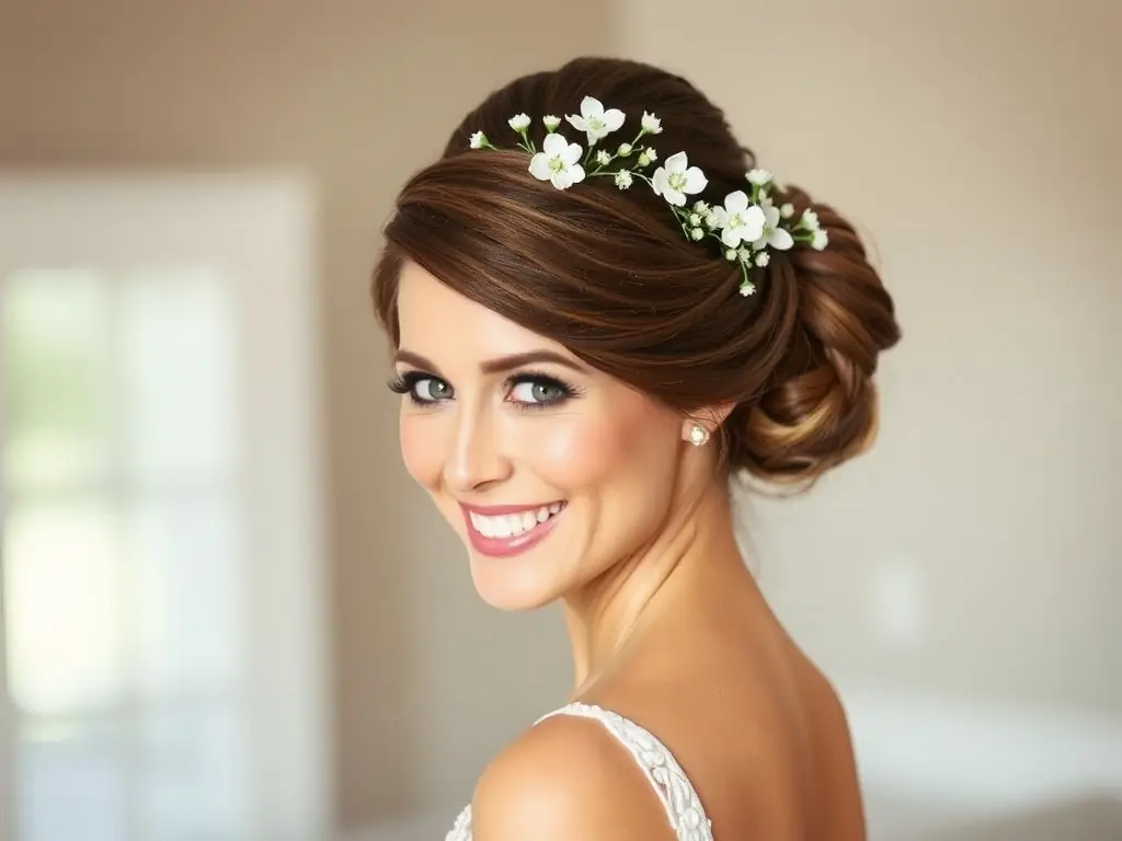 A bride with an elegant updo hairstyle, adorned with delicate floral accents, styled by Georgia Mitchell for her wedding.