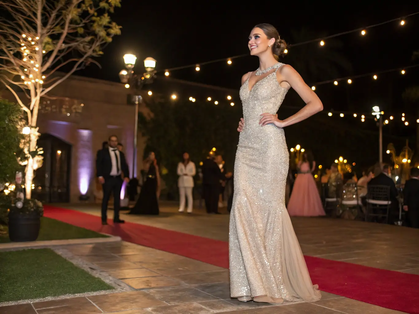 A client with a sophisticated hairstyle styled for a formal gala, featuring smooth waves and elegant accessories, styled by Georgia Mitchell.