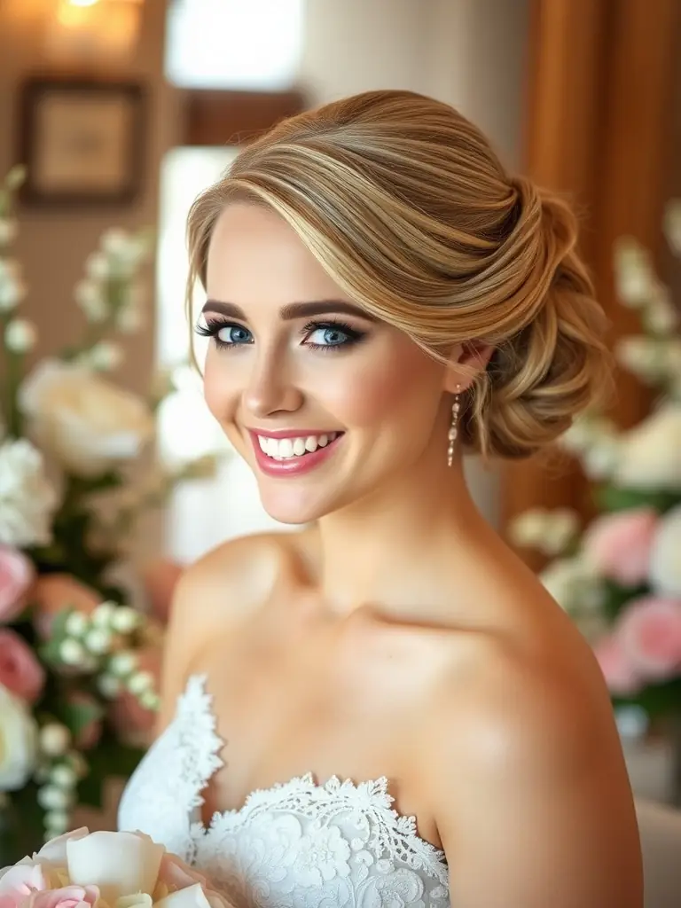 A bride with an elegant updo, styled by Georgia Mitchell, featuring delicate floral accents, perfect for a wedding day.